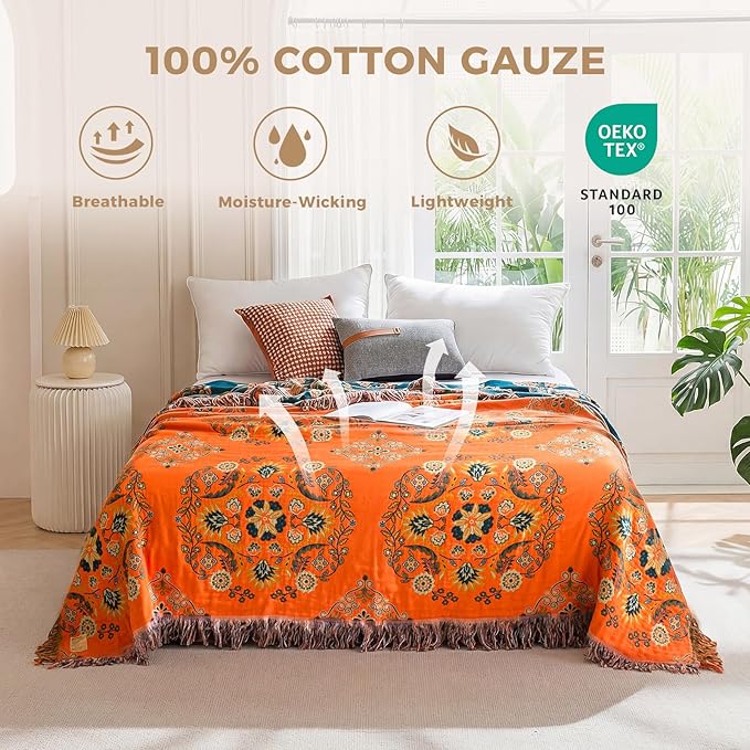 Boho Throw Blanket for Bed 100% Cotton Soft Lightweight Quilt Floral Embroidery Home Decor Spring Breathable Orange Bed Blankets,90"x98" All Season Reversible Blankets for Sofa Couch Chair