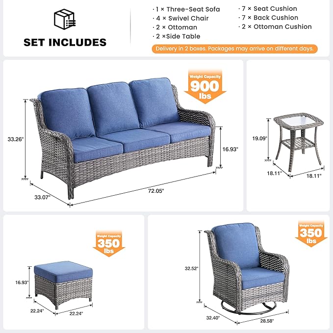 ovios 9-Piece Patio Furniture Set with Swivel Chairs Coffee Table, Outdoor Wicker Sofa with Comfy Cushions, High Back Couch Modern Conversation Sets, Grey/Denim Blue