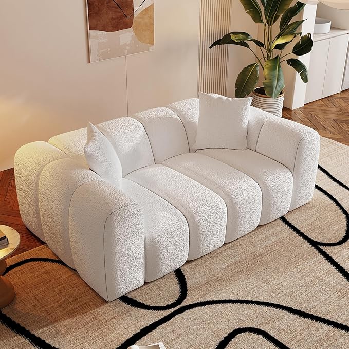 70" Modern Chenille Fabric Sofa Couch – One-Piece Memory Foam 3-Seater Sofa with Rounded Arms, Soft & Cozy Upholstery for Living Room (White)