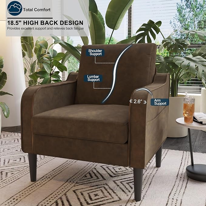 Ribilake Brown Accent Chair - Upholstered Armchair with Side Pockets, Comfy Living Room Arm Chair, Faux Leather Reading Accent Chairs for Bedroom, Living Room, Apartment, Office