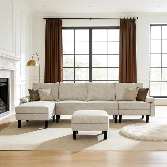 Modern L-Shaped Sectional Sofa with Storage Ottoman, Apartment Sectional Couch with Left Facing Chaise, 3-Piece Living Room Sofa Set, 115 Inch Furniture, Off-White