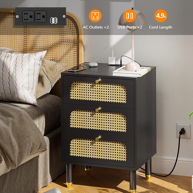 VINGLI Rattan Nightstand with Charging Station, 3 Drawer Night Stand, Boho Nightstand for Bedroom, Black Bed Side Table for Living Room, Wooden, 15.7" D x 18.9" W x 27" H - Image 4