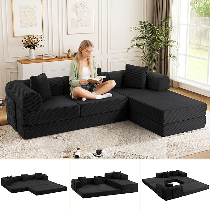 106.3" L Shape Convertible Sleeper Sofa Bed, Oversized Modular Sectional Cloud Sofa with Fixed-Shape Frame & Storage Pocket, Boneless Couch for Living Room, No Assembly Required, Black