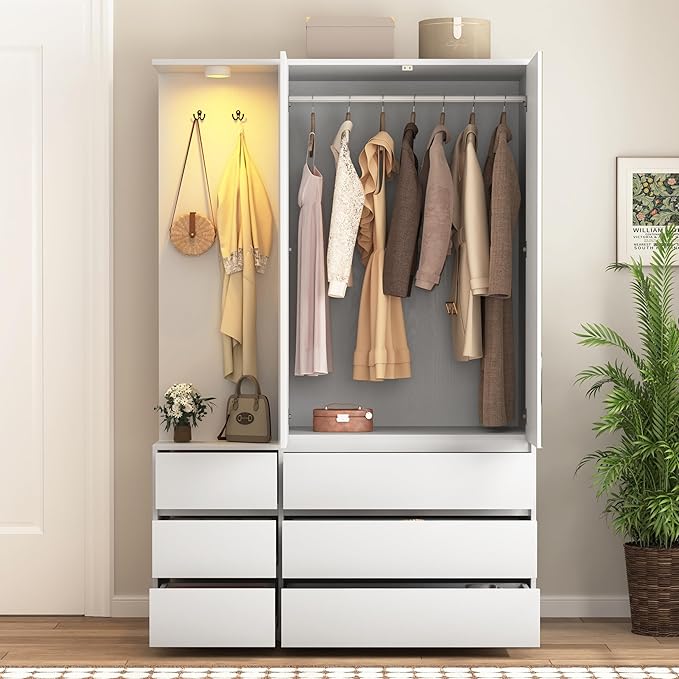 Armoire Wardrobe Closet with Mirror Door and LED Light, Bedroom Armoire with 6 Drawers, Modern Wooden Large Wardrobe Closet with Shelves, Wooden Armoire with Hanging Rod for Bedroom(White)
