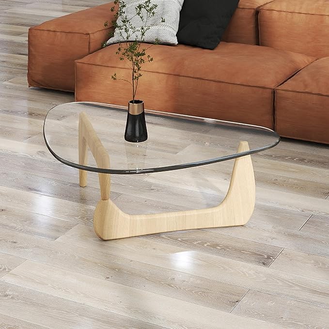 Glass Coffee Table, Mid Century Modern Light Wood Coffee Table with Tempered Glass Top and Wood Legs, Farmhouse Living Room Center Tables for Small Space, Easy Assembly