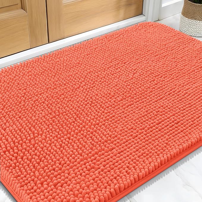 OLANLY Dog Door Mat for Muddy Paws 34x21, Absorbs Moisture and Dirt, Absorbent Non-Slip Washable Doormat, Quick Dry Chenille Mud Mat for Dogs, Entry Indoor Entryway Carpet for Inside Floor, Coral by OLANLY