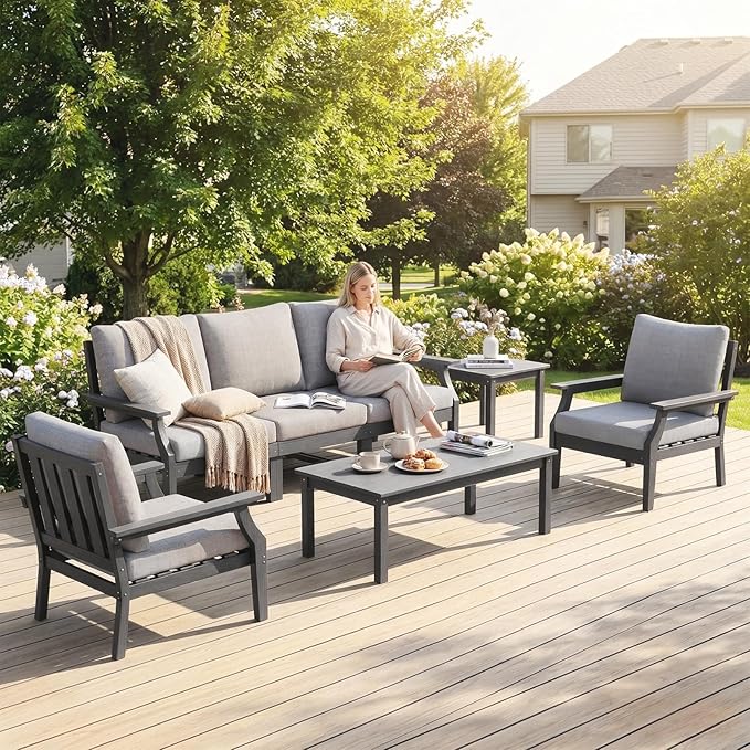 HDPE Patio Conversation Set, 7-Piece All Weather Outdoor Furniture Set with 2 Single Armchairs for Deck, Lawn, with Cushion, Gray