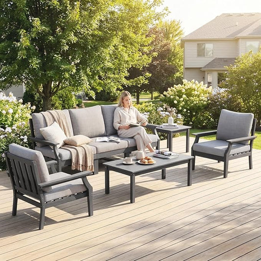 HDPE Patio Conversation Set, 7-Piece All Weather Outdoor Furniture Set with 2 Single Armchairs for Deck, Lawn, with Cushion, Gray
