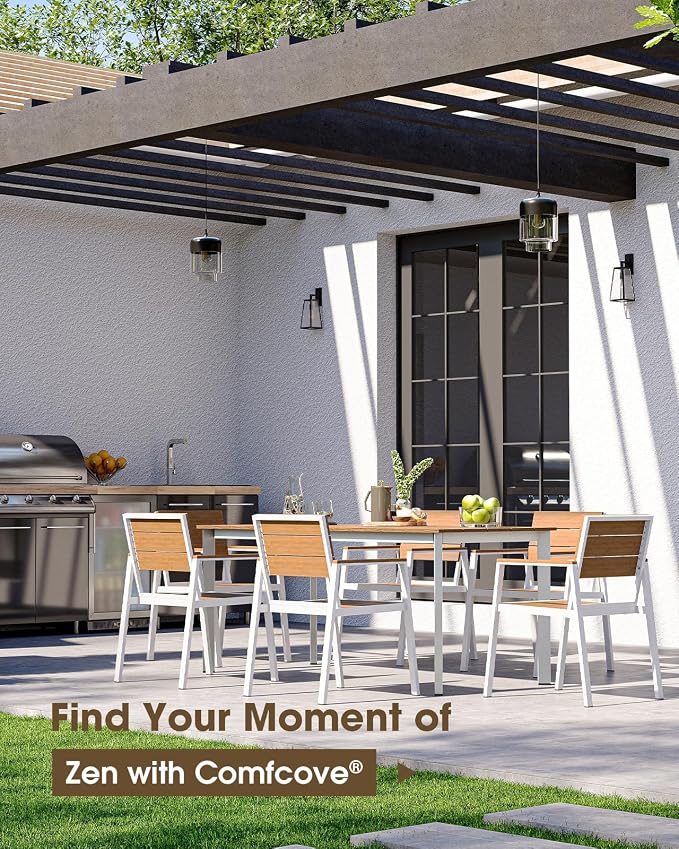 Outdoor Dining Table, Aluminum Patio HDPS Outdooor Table with Umbrella Hole, All Weather Patio Furniture Set, Patio Dining Table (White & Teak) - Image 6