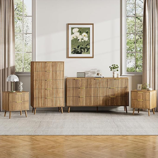 LYNSOM Fluted Dresser and Nightstand Sets 4 Piece, 2-Drawer Nightstands and 5/7 Drawers Dresser, Wood Bedroom Furniture Set for Home, Bedroom, Walnut
