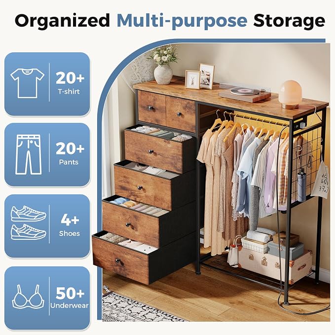 DUMOS Dresser for Bedroom with Hanging Rack, 6 Drawer Fabric Dresser with Charging Station and LED Lights, Closet Organizer & Storage Tower for Living Room, Entryway, Apartment, Rustic Brown - Image 5
