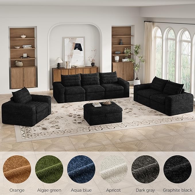 106.7" Modular Sectional Sofa with Deep Seat, L Shaped Cloud Couch for Living Room, 3-Seater Modern Boneless Sofa with Movable Ottomans, Removable Cover, No Assembly Required, Graphite Black