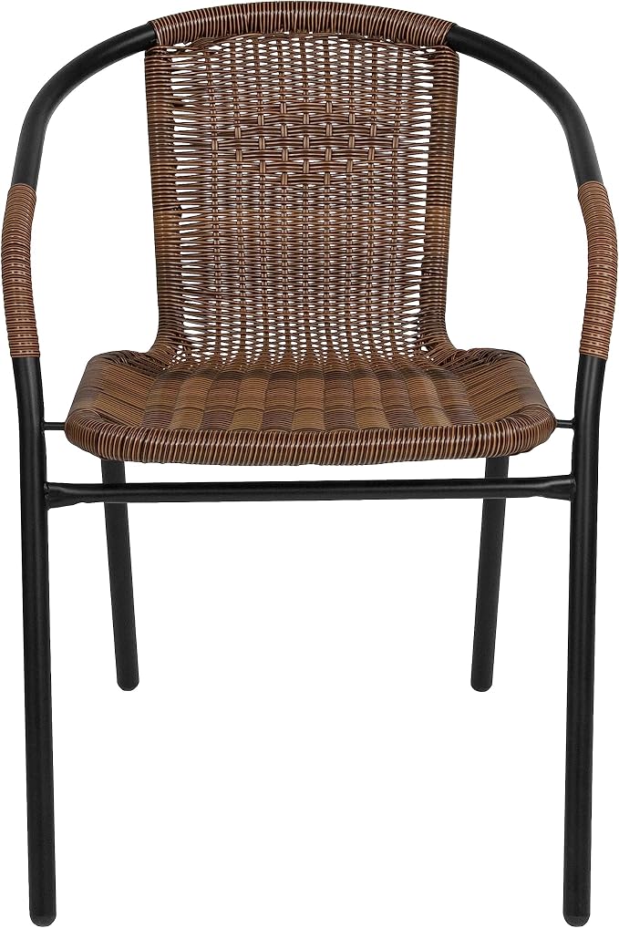 EMMA + OLIVER Set of 4 Modern Rattan Indoor/Outdoor Stack Chairs, Stacking Rattan Patio Chairs with Curved Back and Cross Bracing, Brown - Image 7