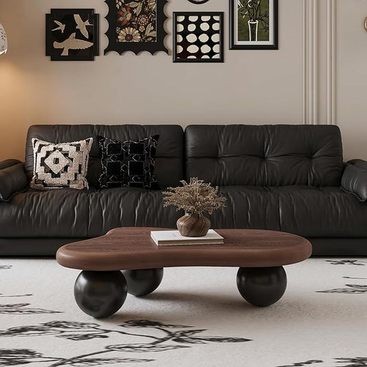 40” Cloud Coffee Table with 3 Ball Legs, Modern Irregular Center Table for Living Room, Low Cute Small MDF Tea Table for Bedroom, Space Apartment-Walnut Black