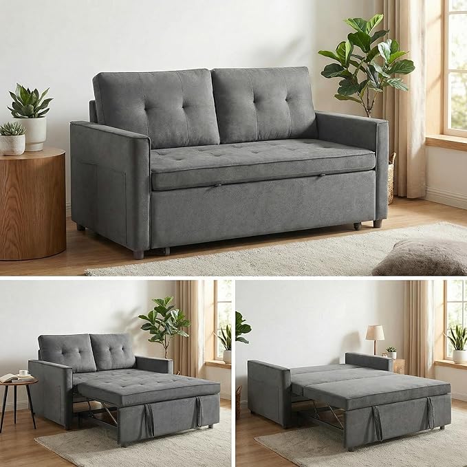 Casaphoria Pull Out Couch Bed, 3-in-1 Convertible Sleeper Sofa with Adjustable Backrest, Velvet Futon Loveseat with Side Pockets for Small Spaces, Living Room & Guest Room (Dark Grey)