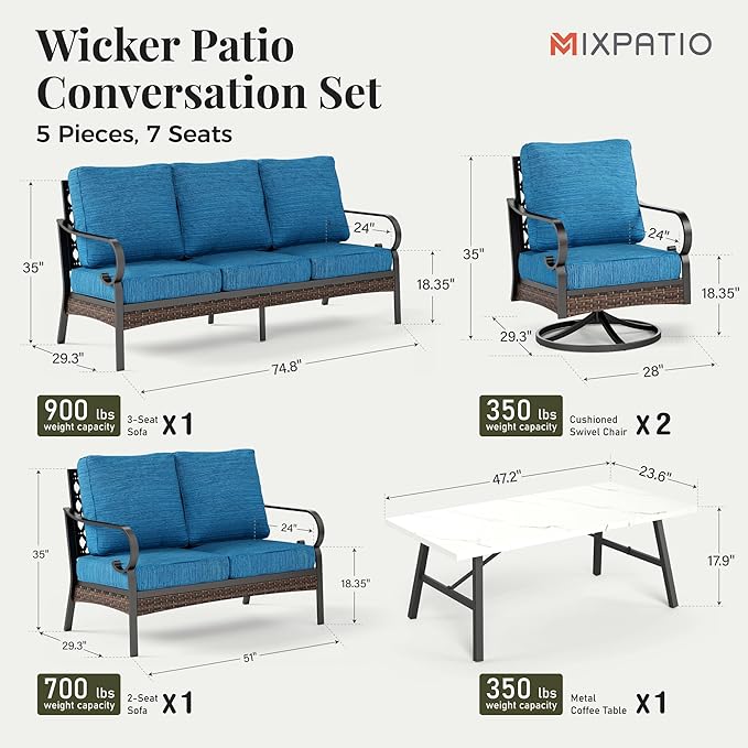 Patio Furniture Set with Coffee Table, Outdoor Conversation Set with 2 x Swivel Chairs, 1 x 2-Seat Sofa, 1 x 3-Seat Sofa for Lawn Garden Backyard, Pacific Blue