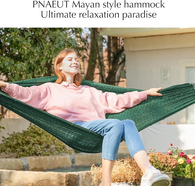 PNAEUT Handwoven Mayan Hammock, Thick Soft Rope Double Hammock for Outdoor Outside & Indoor, 600 lbs Capacity Heavy-Duty, Includes Tree Straps, Carabiners & Carrying Bag (Forest Green, X-Large) - Image 3