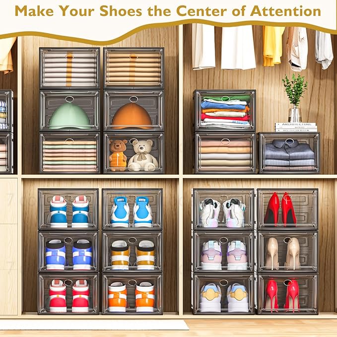 7 code Thicken & Sturdy Clear Shoe Storage Organizer with Magnetic Door, Stackable Boxes for Closet, Foldable Shoe Rack for Sneaker Boot Container, Plastic Shoe Cabinet Shoe Box 6 Pack, Black - Image 2