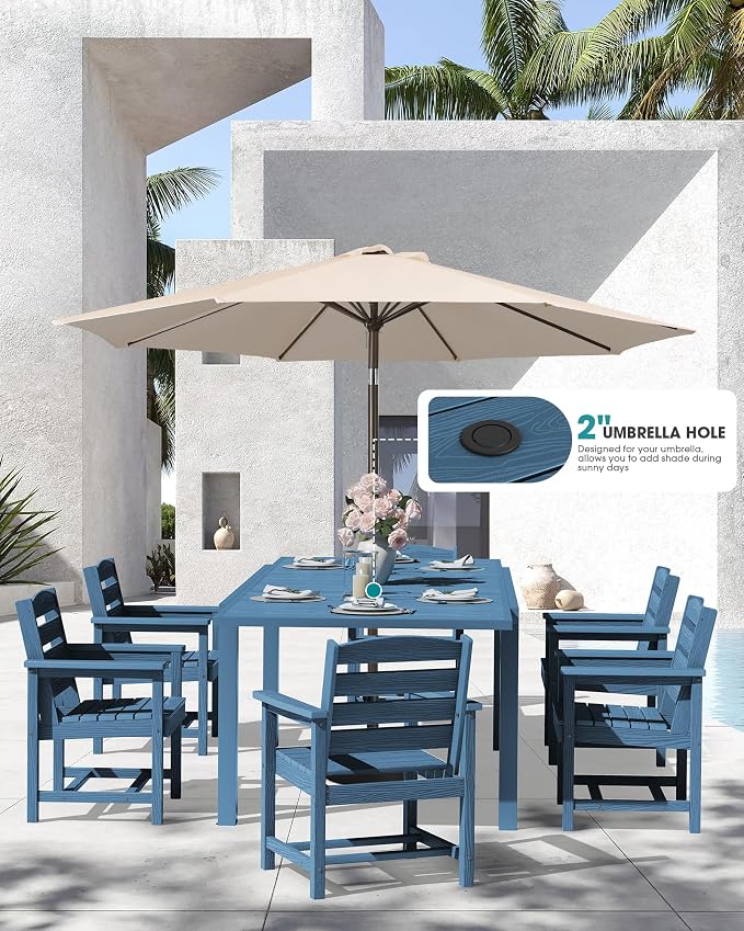 SERWALL 10-Piece Patio Dining Sets with 15FT Patio Umbrella, 60" - 83" Expandable Outdoor Dining Table and 8 HDPE Chairs, All Weather HDPE Outdoor Furniture Set (Umbreall Base not Included) - Image 2