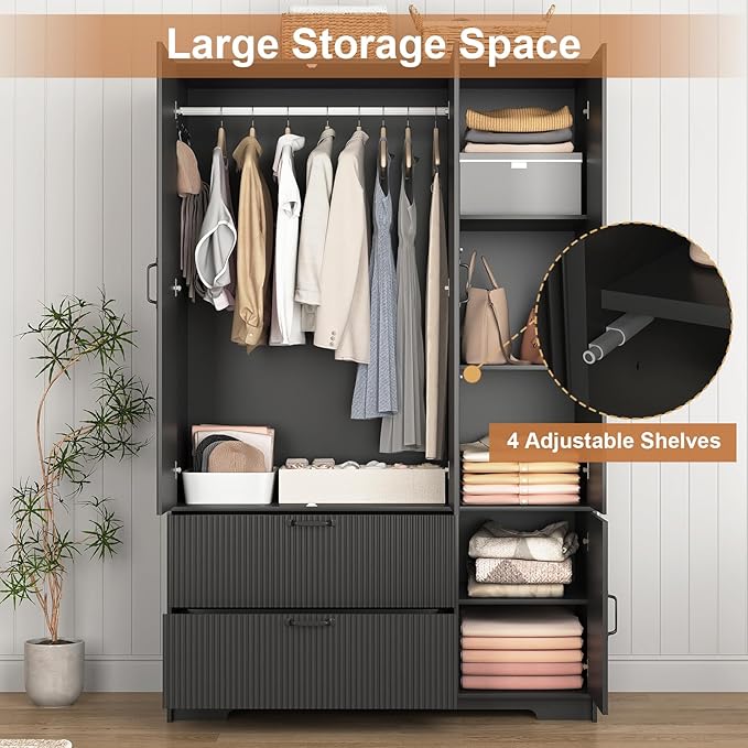 72'' Fluted Armoire Wardrobe Closet with Mirror Door and 2 Drawers,Tall Bedroom Armoire Wardrobe Cabinet with Hanging Rod,Wooden Bedroom Closet with 4 Adjustable Shelves (Black)