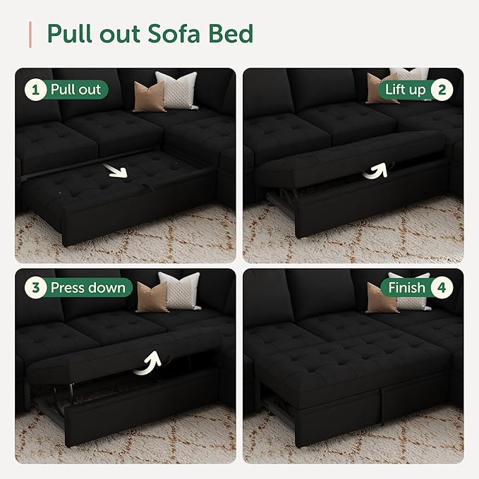 HONBAY Modular Sectional Sleeper Sofa with Pull Out Bed, L Shaped Couch with Storage Seat Sectional Couches for Living Room,Velvet Black