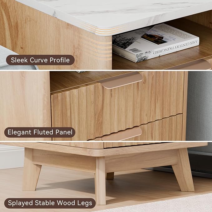 White Nightstand with 2 Drawers, 18" Modern Night Stand with Faux Marble Top, Open Storage Shelf, Fluted Bedside Table for Bedroom, End Table Side Table - Image 3