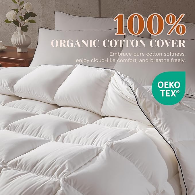 Goose Feather Down Fiber Cotton Comforter California King Size, Ultra-Soft Duvet Insert, Hotel Collection White Quilted Comforter, All Season Bedding Comforter with 8 Corner Loops, 104x96 Inch