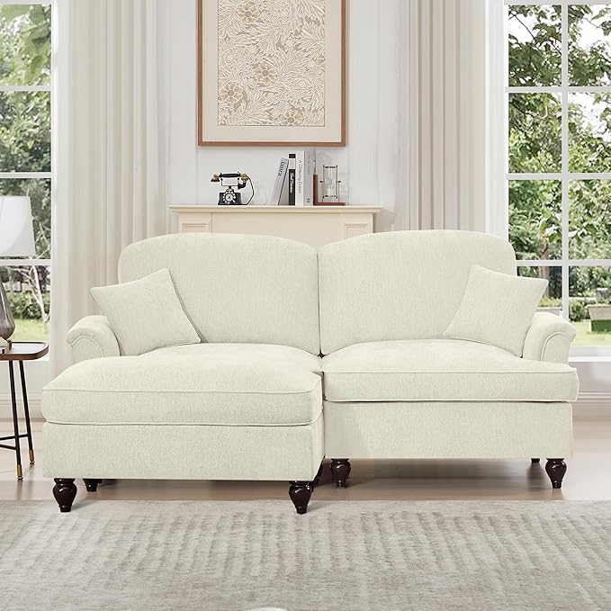 KEIKI Mid Century Modular Sofa with Flared Arms and Skirted Design, 76" Loveseat with Ottoman Chenille L-Shaped Sectional Couches for Living Room, Small Home Comfy Chaise Lounge Indoor, Beige White