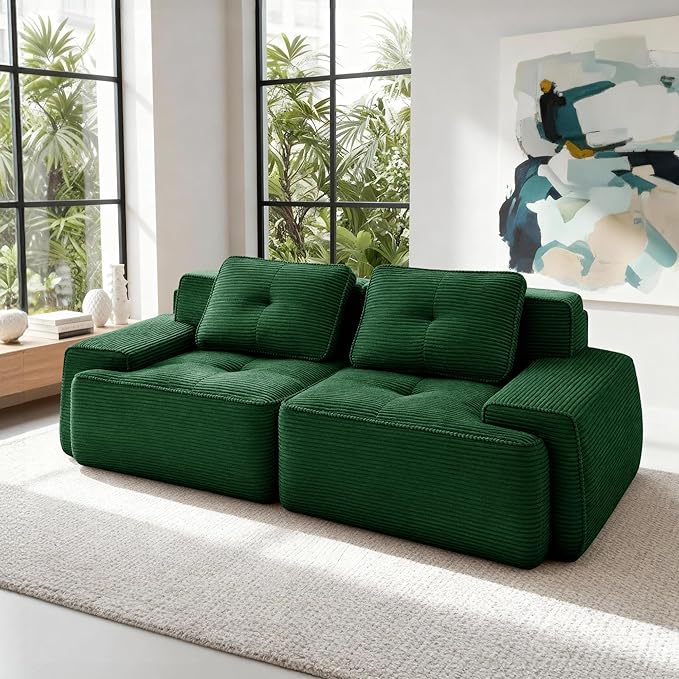 Casaphoria 80'' Corduroy Couch Sectional, 2 Seater Boneless Couches for Living Room, Green Modular Cloud Sofa with 2-Pillow, Extra Deep Seat Sofa with No Assembly