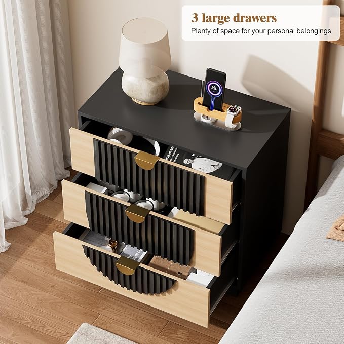 3 Drawer Nightstand with Charging Station,28" Fluted Night Stand & Modern Bedside Table, Wood End Table Storage Cabinet for Bedroom Hallway, Entryway,Black - Image 3