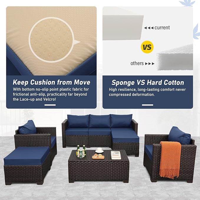 6 Pieces Patio Outdoor Furniture Conversation Sets Patio Wicker Sofa Set with Outdoor Couch Patio Chairs and Storage Table Non-Slip Cushions Waterproof Covers, Navy Blue