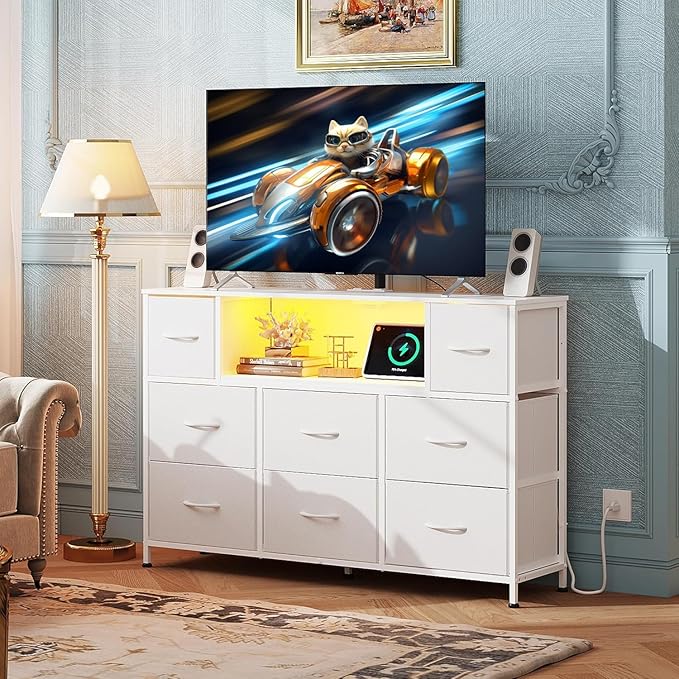 Simple Deluxe TV Stand Dresser with 8 Fabric Drawers and Open Shelves, Entertainment Center with LED Lights & Charging Station, Wood Top for 45" -55" TV, for Bedroom/Living Room/Hallway, White