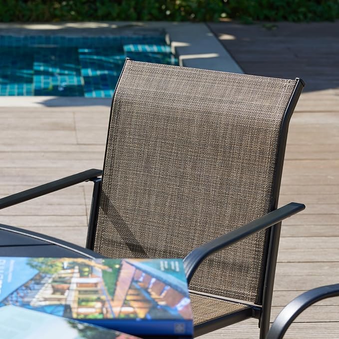 VICLLAX 5 Pieces Patio Dining Set, Patio Furniture Set of 4 Patio Stackable Dining Chairs and Outdoor Metal Square Table with Umbrella Hole for Backyard Lawn Garden, Brown Chairs and Walnut Table - Image 3