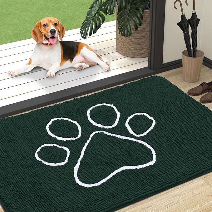 OLANLY Dog Door Mat for Muddy Paws 47x32, Paw Print Design, Absorbs Moisture and Dirt, Absorbent Non-Slip Washable Doormat, Quick Dry Chenille Mud Mat, Entry Indoor Entryway Carpet, Blackish Green by OLANLY