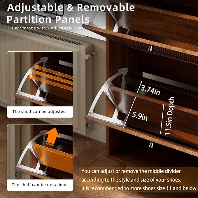 Fsbecl Shoe Storage Cabinet for Entryway with 3 Flip Drawers, Narrow Shoe Organizer with Fluted Panel, Freestanding Wood Hidden Shoe Cabinet for Hallway (Walnut, 23.6''W, Double Layer) - Image 5