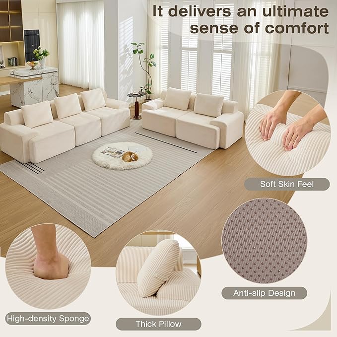 Modular Sectional Sofa, 6 Seat Modular Couch, Modular Sofa with Deep Seat and Detachable Pillow (White, Rowshape 2 Side)
