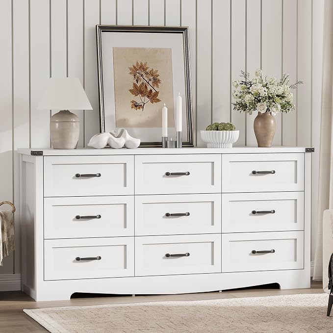 Dresser for Bedroom with 9 Drawers, 59" Wide Modern Chest of Drawers with Deep Drawers & Mental Handle, Wood Dresser TV Stand, Wooden Closet Storage Organizer for Living Room, Hallway, Entryway, White - Image 3