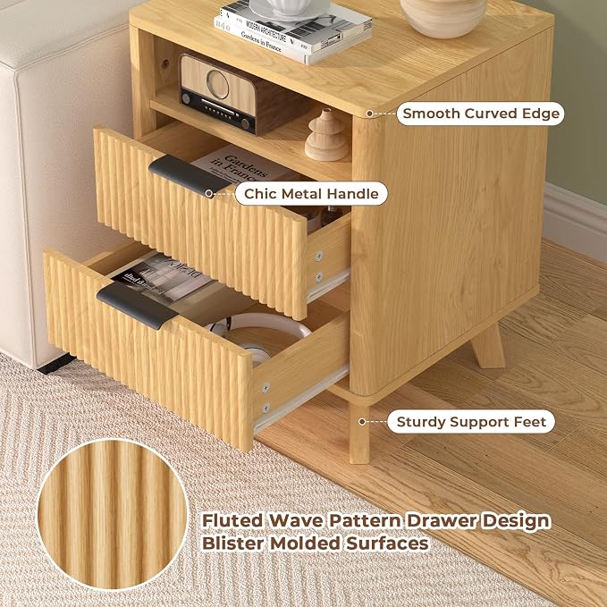 HOMMPA 18'' Fluted Nightstand with Charging Station, Modern Bedside Table, 2 Drawer Bed Side End Table with Open Compartment & 4 Support Legs, Wood Night Stand for Bedroom, Curved Profile Design - Image 6