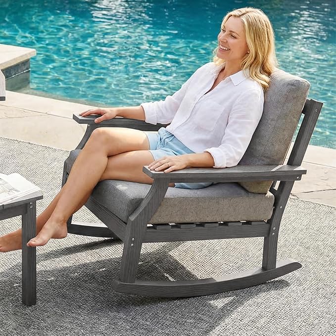 HDPE Patio Conversation Set, 3-Piece All Weather Outdoor Furniture Set with 2 Rocking Sofas for Deck, Lawn, with Cushion, Gray