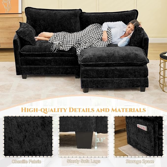 Modular Sectional Cloud Couch, 78" L Shaped Sectional Comfy Couchs for Living Room, 2 Seat Convertible Modular Sofa Couch with Ottomans for Living Room, Apartment, Black