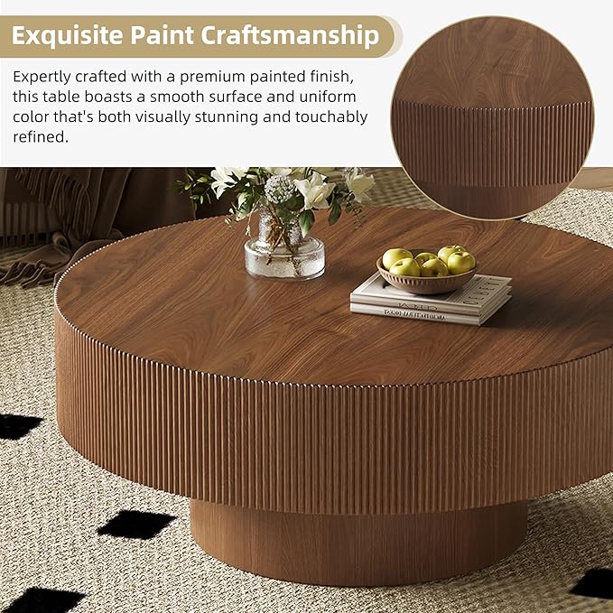 Merax Modern 35.4 Inch Round Large Coffee Table with Sturdy Base, Wood Center Table with 6.8" Thick Tabletop for Living Room Reception Room, Easy Assemble, Walnut