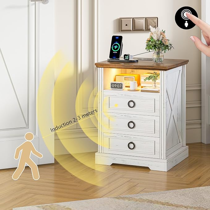 Nightstand with Charging Station,Farmhouse End Side Table with 3 Drawers and Open Storage,Smart Bedside Table with LED Light & Human Sensor for Bedroom,White - Image 3