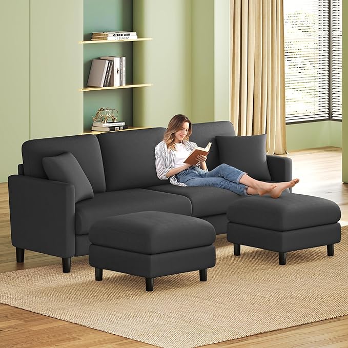 83" Couches for Living Room, Comfy Sofas for Living Room with Storage Ottomans, Teddy Sofa Couch, Tool-Free Loveseat Sofa, All-Wood Love Seat Couches, U Shaped Couch 2 Pillow Included, Grey