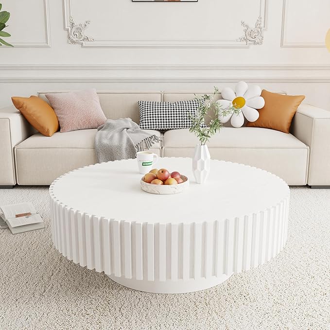 39.37" White Round Coffee Table Wood, Modern Unique Circle Coffee Table, Contemporary Drum Fluted Coffee Table Accent End Side Table Center Table for Living Room, Small Space, Apartment