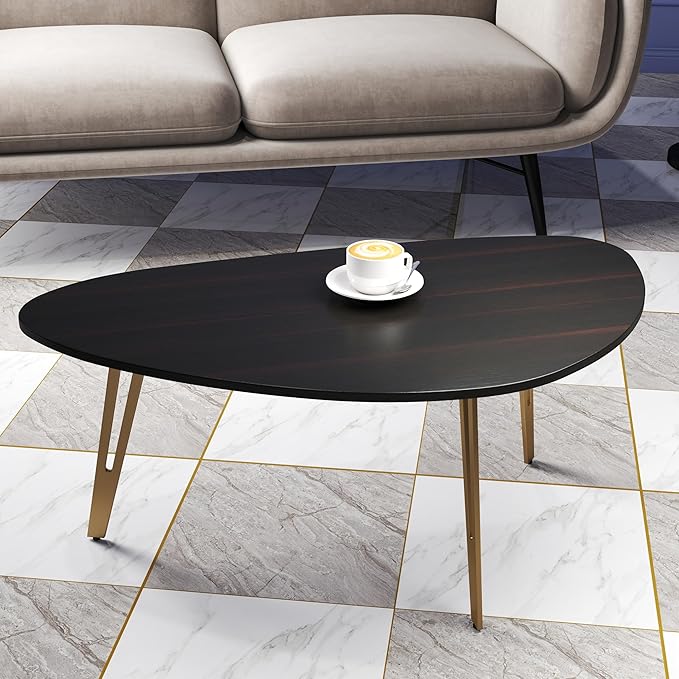 Manora Simple Dark Brown Oval Wood Coffee Table with Gold Legs, Modern Tea Table for Living Room or Office, Cute Small Center Table for Compact Space