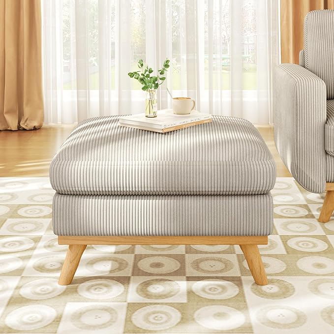 Vesgantti Large Ottoman for Modular Sofa, 29.5" Corduroy Ottoman with Spring Cushion, Rectangle Foot Rest for Couch, Entrance Footstool with Wood Legs, Footstool for Living Room, Bedroom, Light Gray