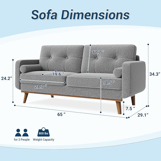 Garvee 65 in Mid Century Modern Loveseat Sofa for Small Spaces, 2 Seater Boucle Upholstered Couch with Button Tufted Design & Wood Legs, Small Couch for Living Room, Bedroom, Office, Apartment, Grey