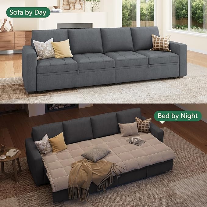 HONBAY Modular Sectional Sleeper Sofa with Pull Out Couch Bed, Convertible Sectional Couches for Living Room,Bluish Grey