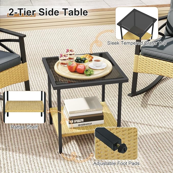 Tangkula 3 Pieces Outdoor Rocking Chairs Set, Rattan Heavy Duty Cushioned Rocker Chairs with 2-Tier Tempered Glass Coffee Table, for Garden, Balcony, Backyard (Yellow+Gray) - Image 8