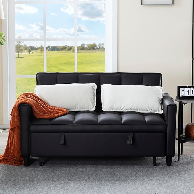 3 in 1 Convertible Sofa Bed, Love Seat Sleeper Bed with Side Pockets, PU Fabric Pull Out Couch with Adjustable Backrest for Living Room, Bedroom, Apartment, Black